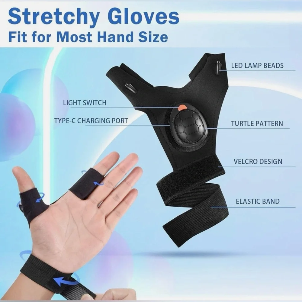 LED Flashlight Gloves - Rechargeable Detachable Washable Super Bright 1 Pair NIB